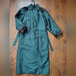 Vintage 80s Cyclone metallic green trench coat with floral accents size 6